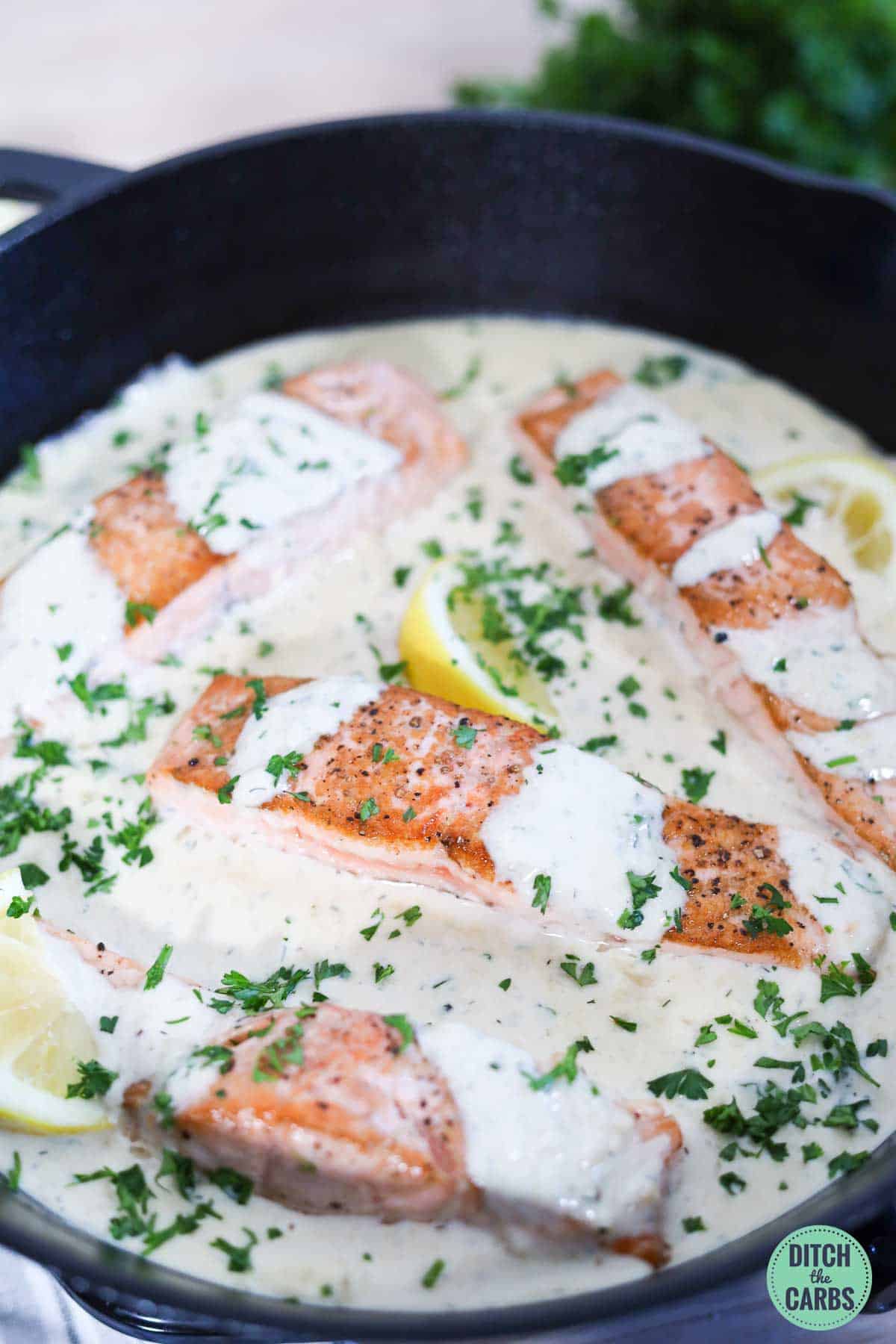 cast iron pan with four salmon fillets and a creamy sauce with a lemon slice