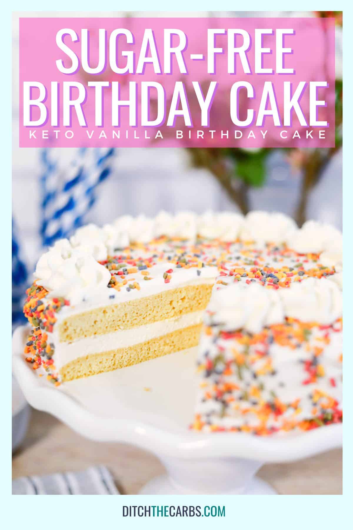 a slice of birthday cake decorated with whipped cream and sugar-free sprinkles with a slice removed