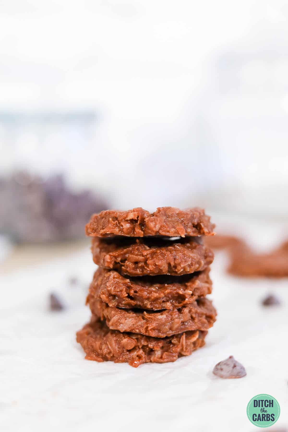 5 no bake cookies stacked on a plate