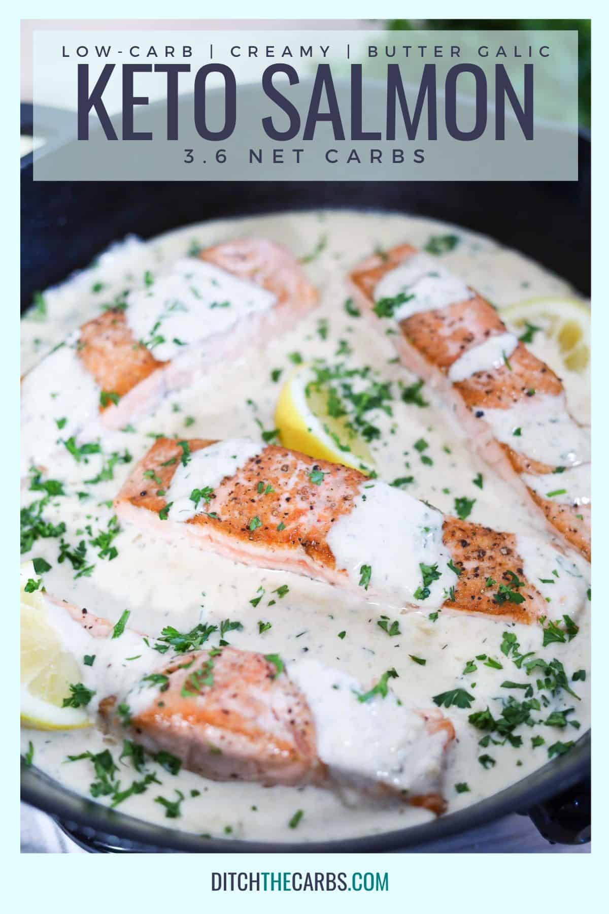 a close up of butter garlic salmon recipe in a cast iron pan