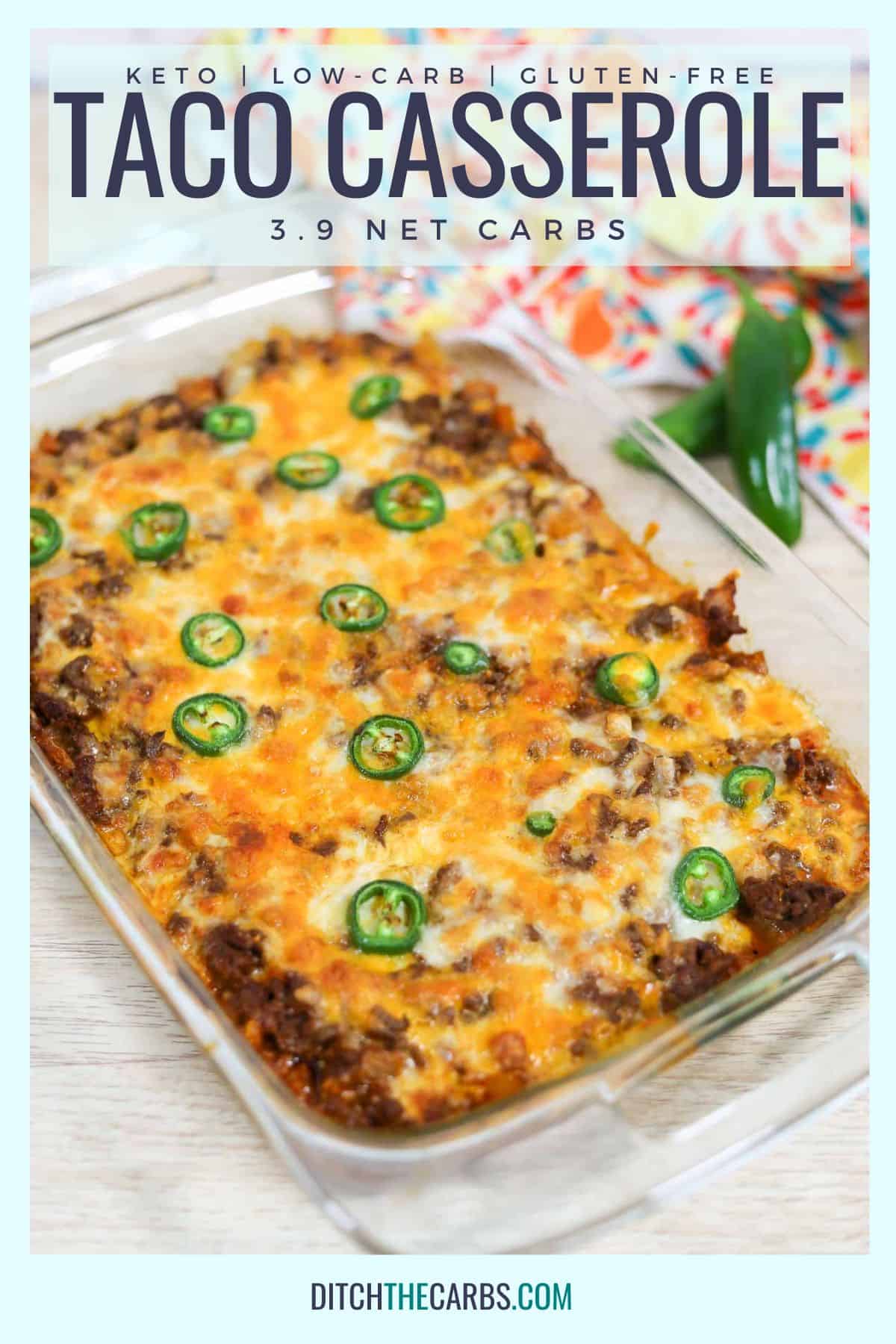 Cheesy keto taco casserole cooling on the counter.