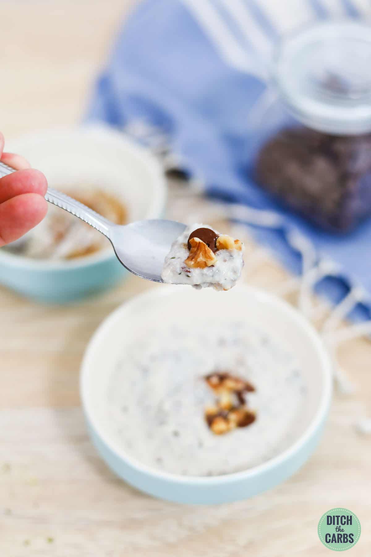 A spoon lifting a bite of keto oatmeal topped with sugar-free chocolate chips and walnuts.
