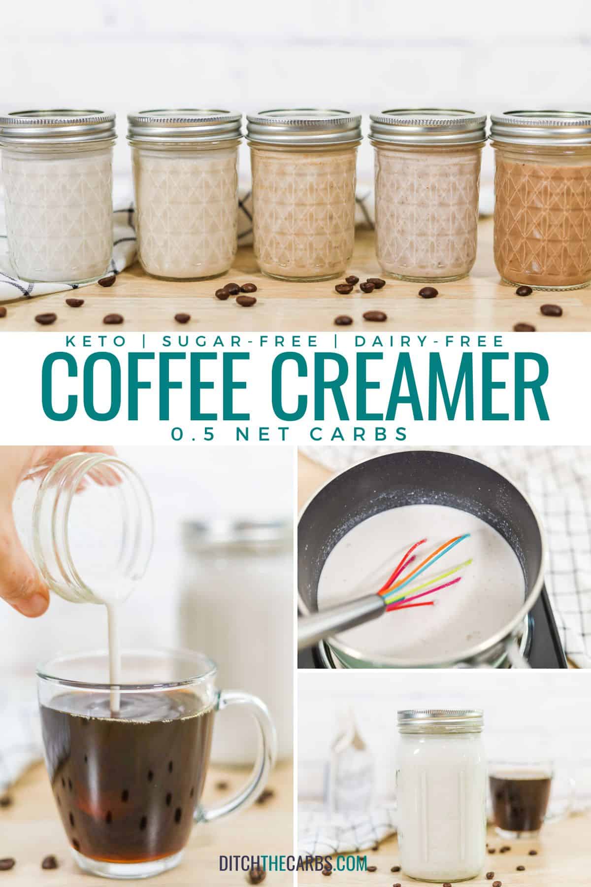 A collage of photos showing keto coffee creamer being made at various stages.