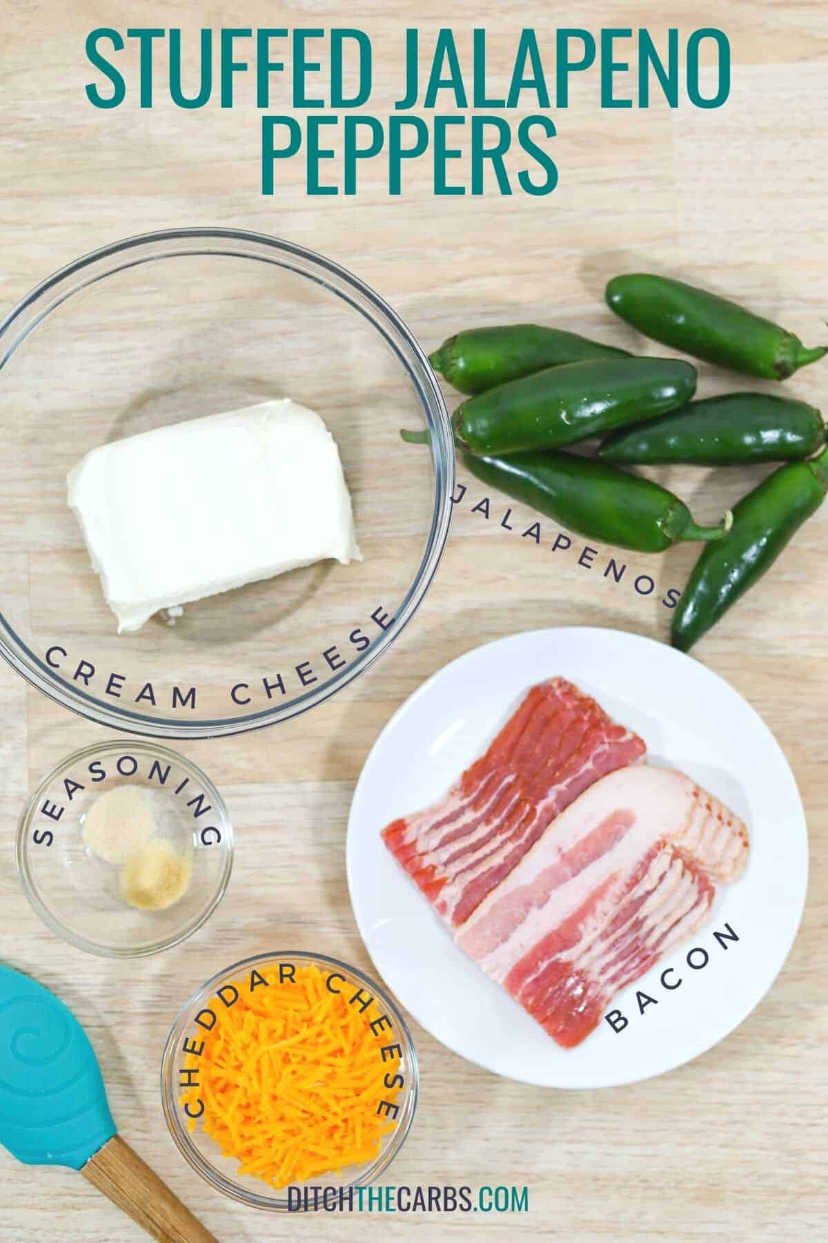 Ingredients for cream cheese stuffed jalapeno peppers: peppers, cream cheese, bacon, cheddar cheese and seasoning. 