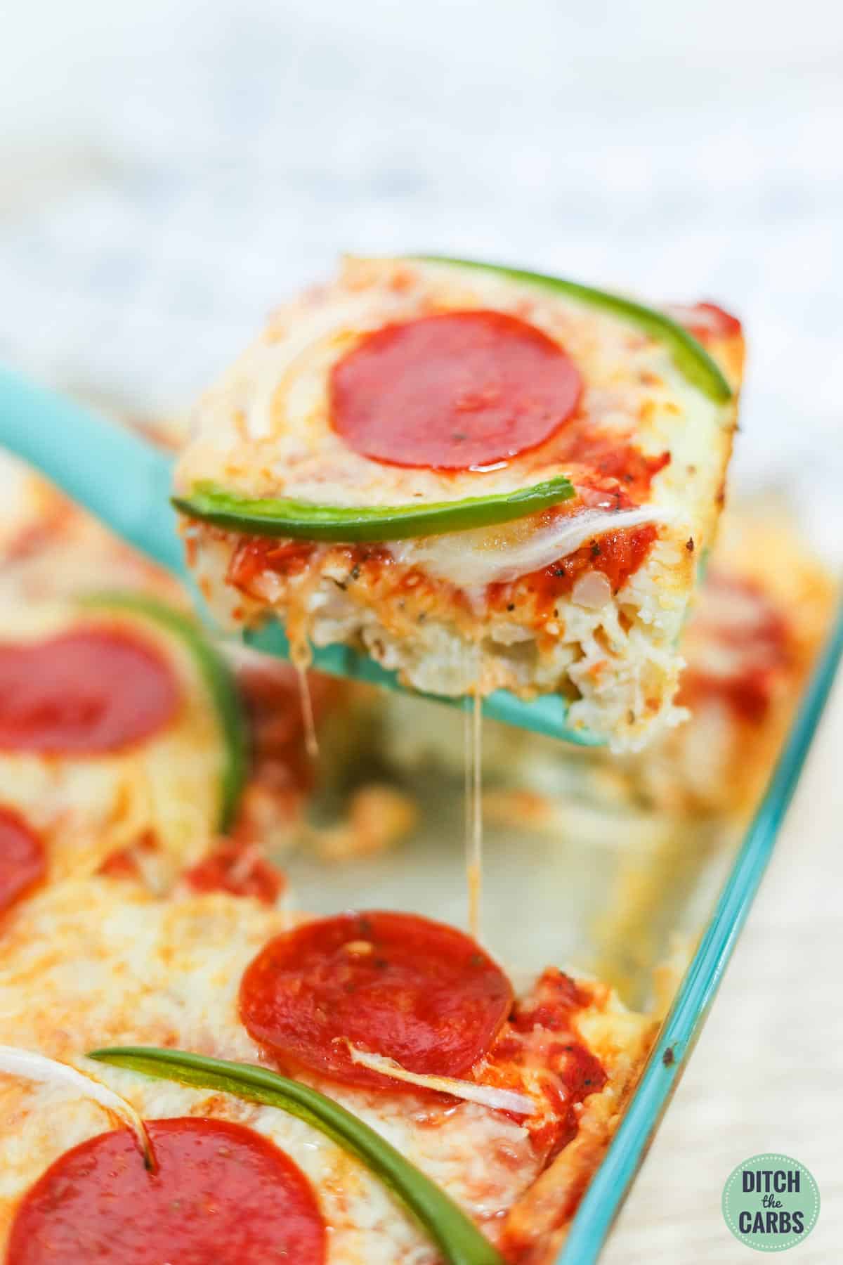 serving of low carb pizza bake on a spatula