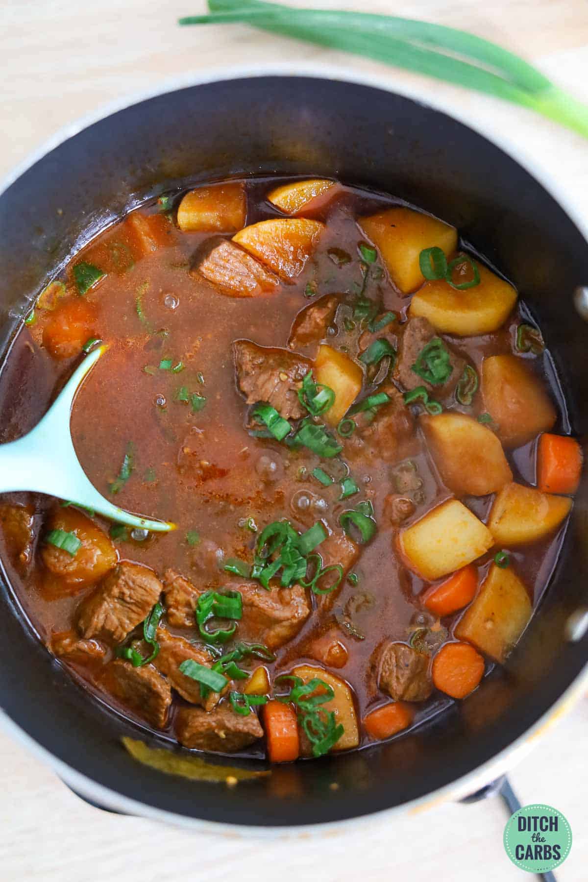 keto beef stew in a dutch oven