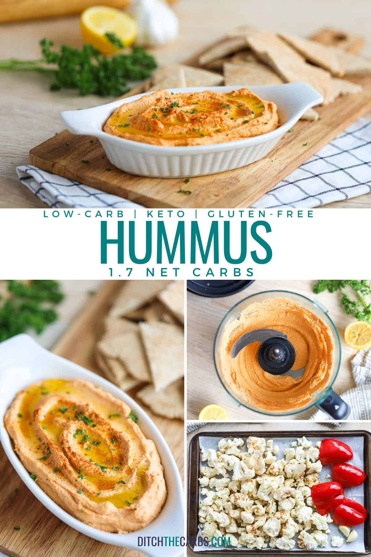 A variety of pictures showing low-carb hummus being made at various stages.