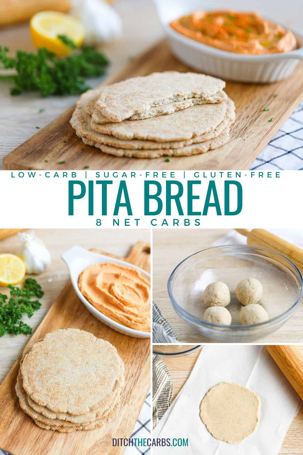 A collage showing low-carb pita bread being made at various stages.