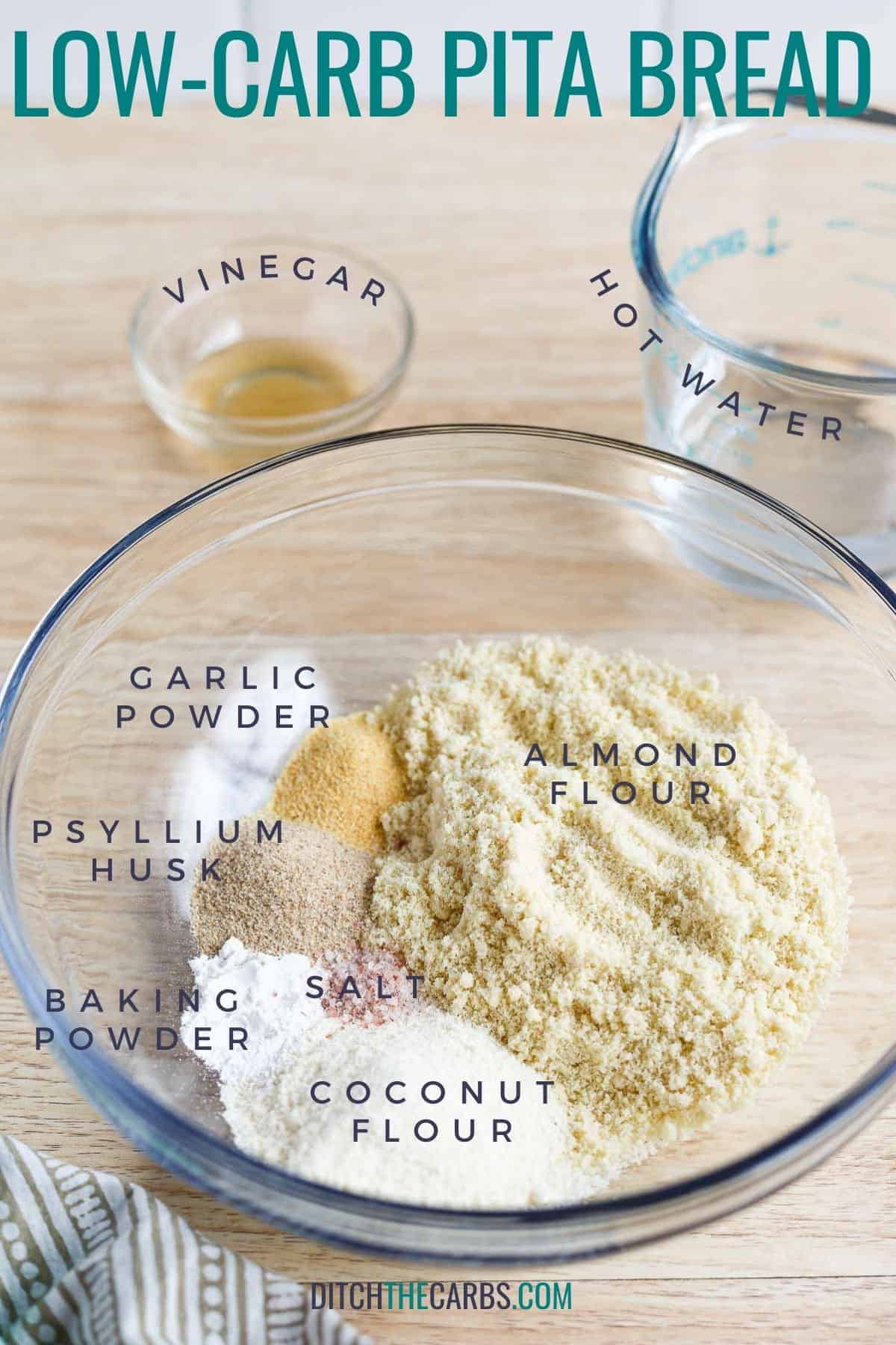 All the ingredients needed to make low-carb pita bread in clear glass bowl on the counter.