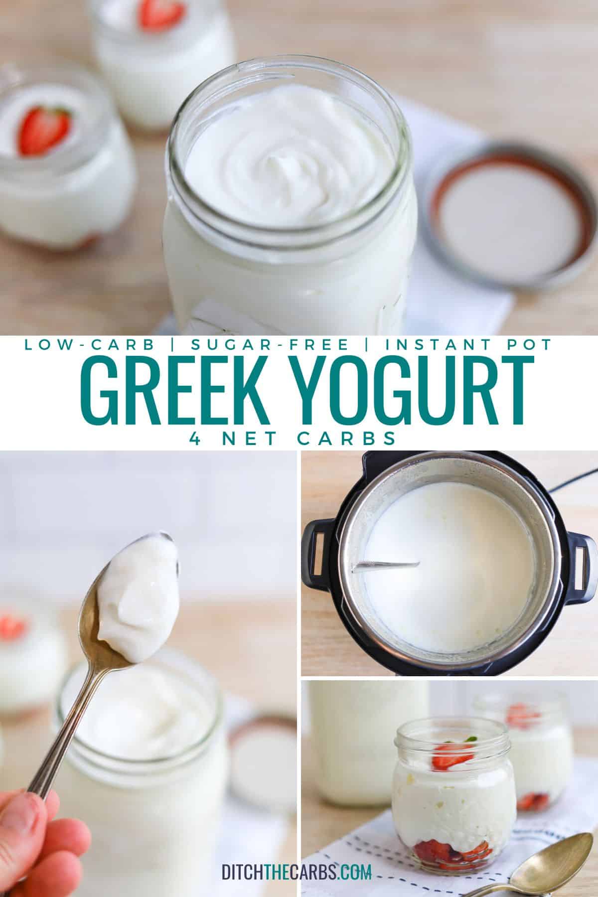 A collage showing low-carb Greek yogurt being made at various stages.