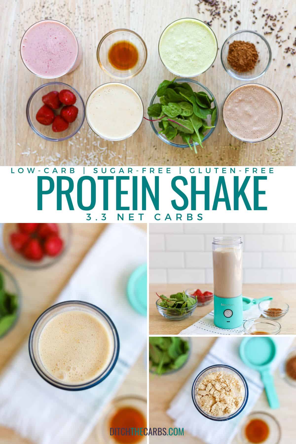 A collage of pictures show low-carb protein shake being made a variety of stages.