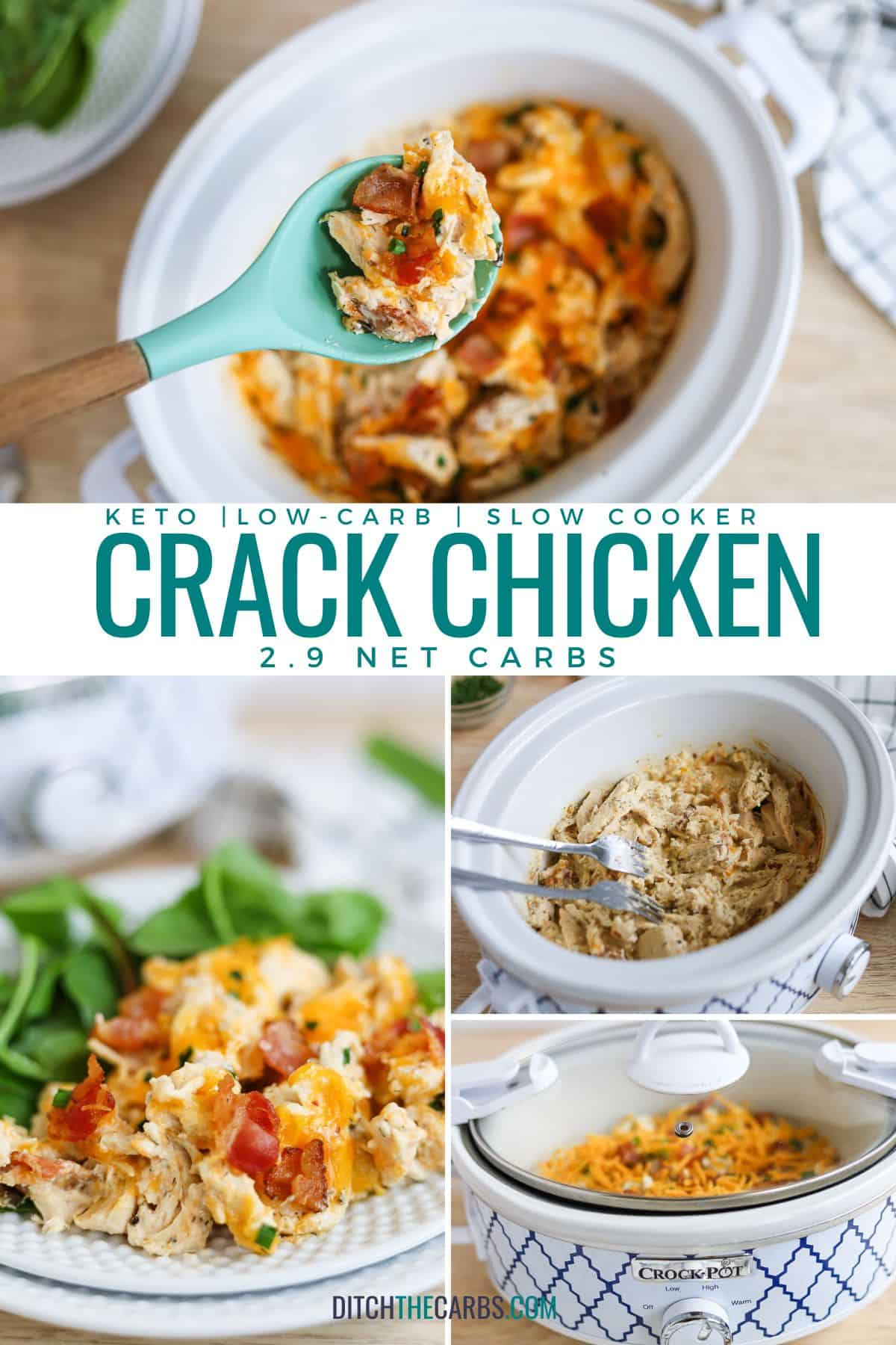 A collage of images showing keto crack chicken being made at various stages.