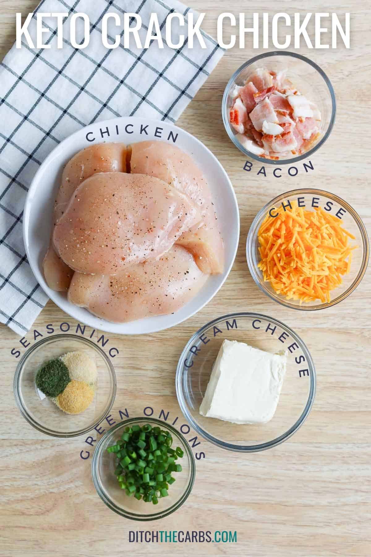All the ingredients needed to make keto crack chicken in the slow cooker.