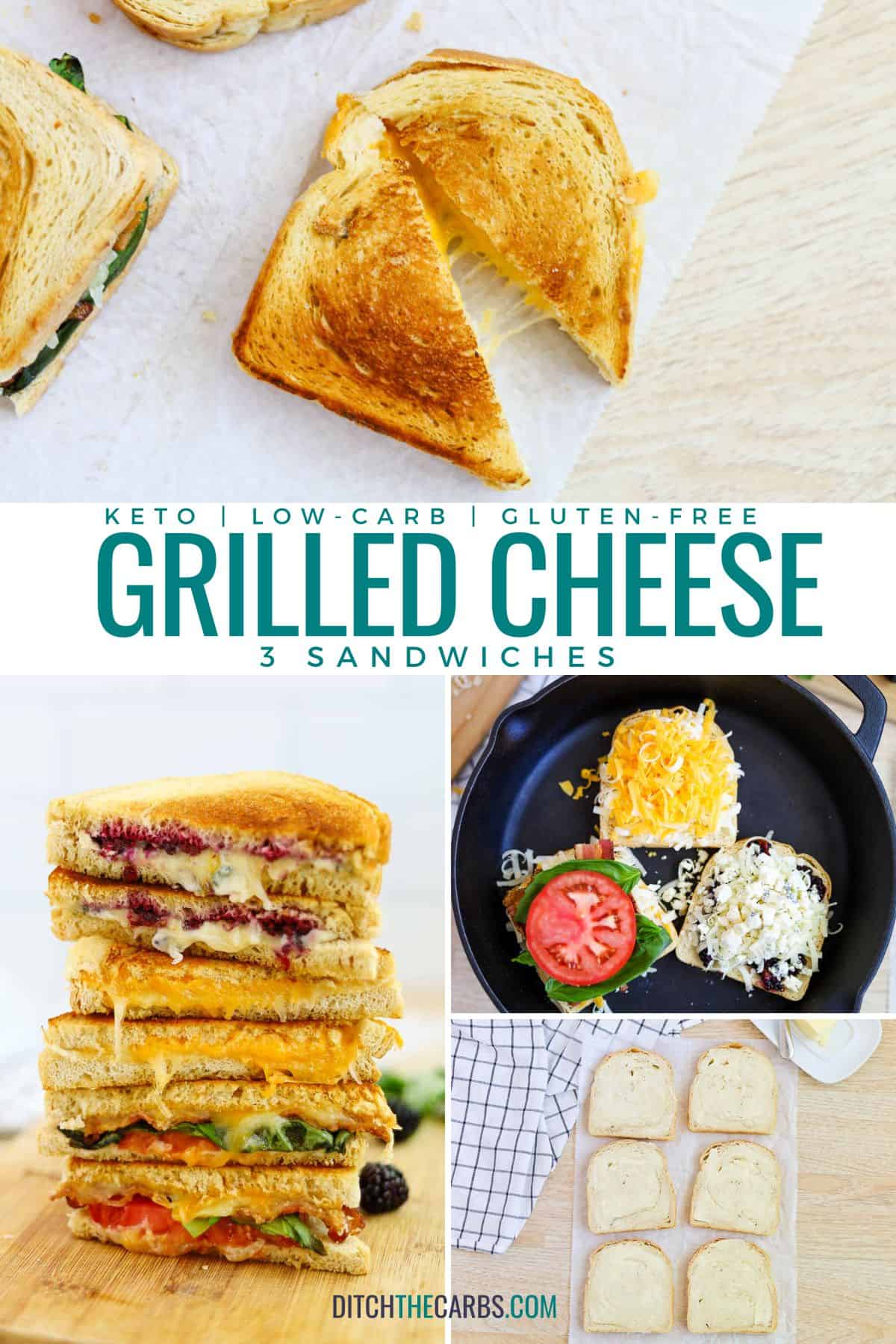 A collage showing keto grilled cheese sandwiches being made at various stages.