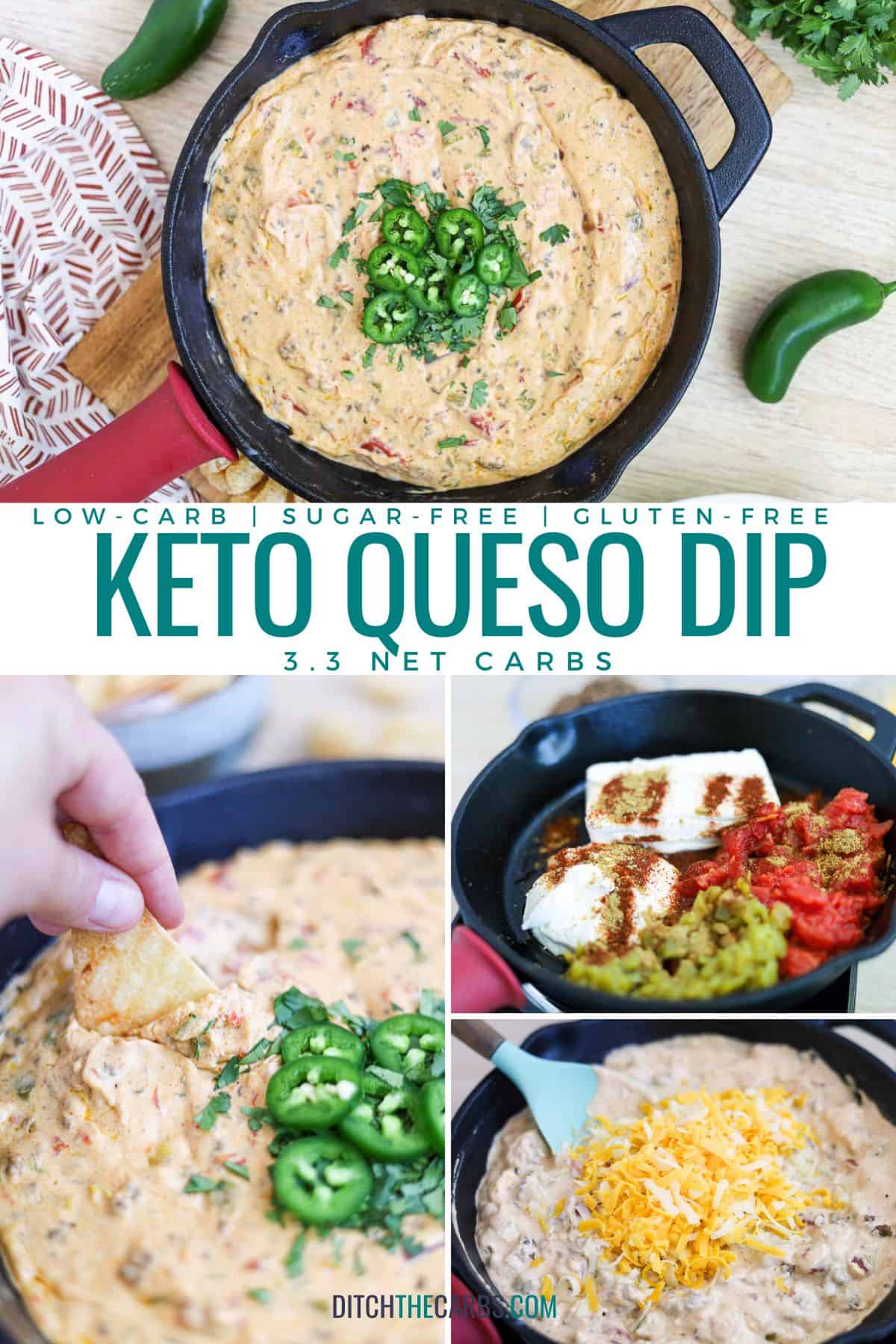 A collage of photos show keto queso dip being made at various stages.
