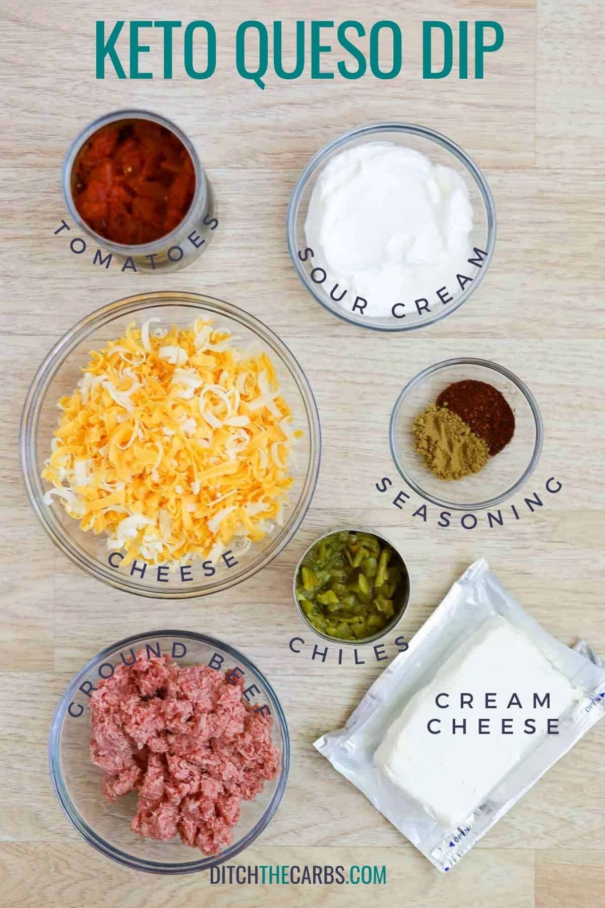 All the ingredients needed to make keto queso dip measured and ready to use on the counter.