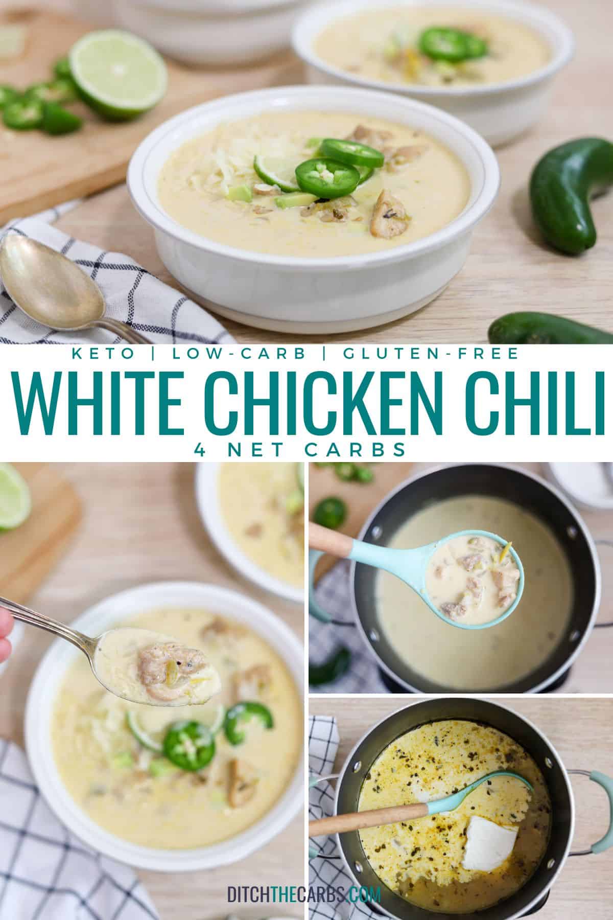 A collage of images showing white chicken chili being made at various stages.